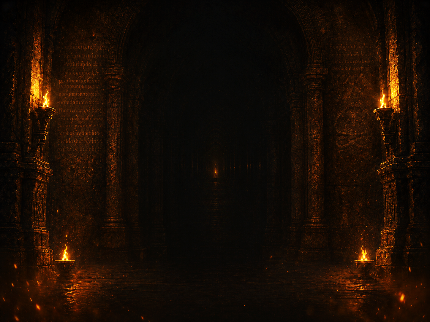 A dark torch-lit corridor stretching into the infinite